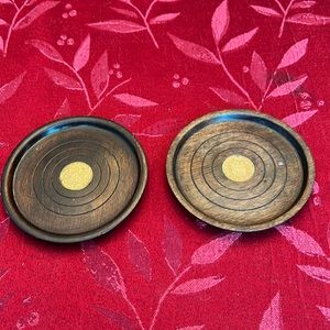 Vintage wooden coaster pair with Jamaican 1958 half Pennys in center of each.